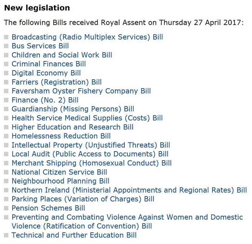 Bills of the UK Parliament receiving Royal Assent on 27 April 2017