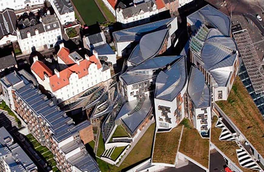 Aerial shot of Scottish Parliament