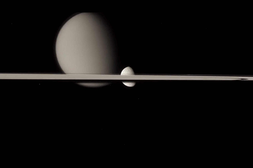 This is an image of Waltz Around Saturn, during Cassini’s orbital tour.