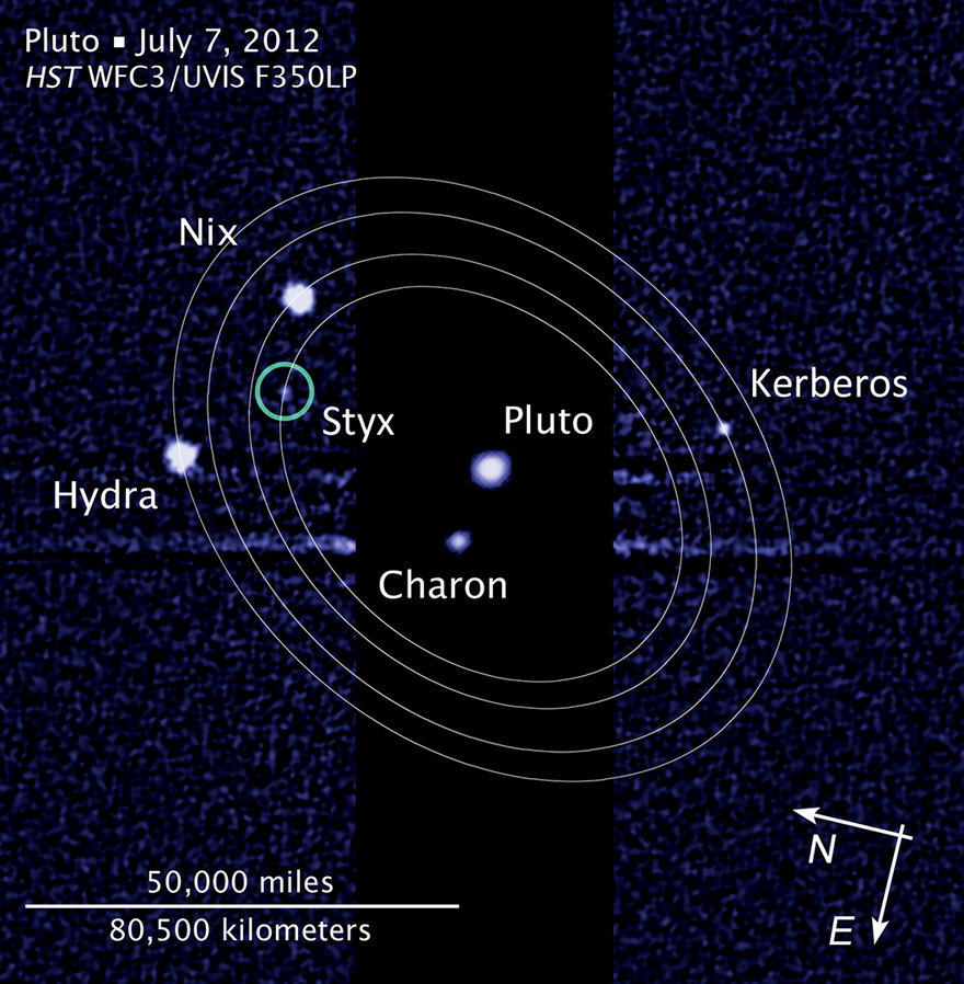 This is an image displaying the five known moons of Pluto.