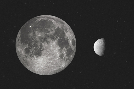 This is an image of the Moon and Tethys, shown to correct relative scale.
