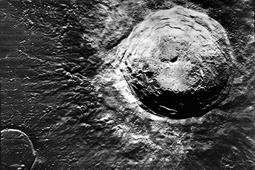 Aristarchus crater on the Moon, as photographed by Lunar Orbiter 5 in 1967.
