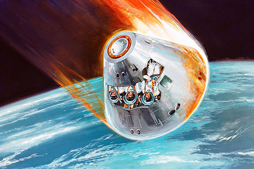 Artist’s impression of the Apollo command module’s atmospheric re-entry (1968)