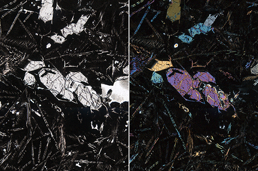 Image of two different lighting conditions, displaying a thin section of a Moon rock.