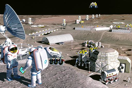 This is an illustration showing astronauts at a base camp.