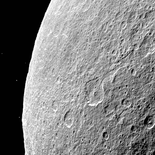 Rhea’s battered icy surface seen by Cassini in 2011.