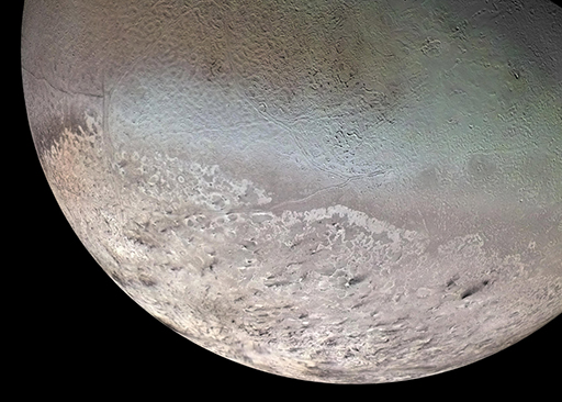 This is a Voyager 2 image showing Triton’s two main terrains.