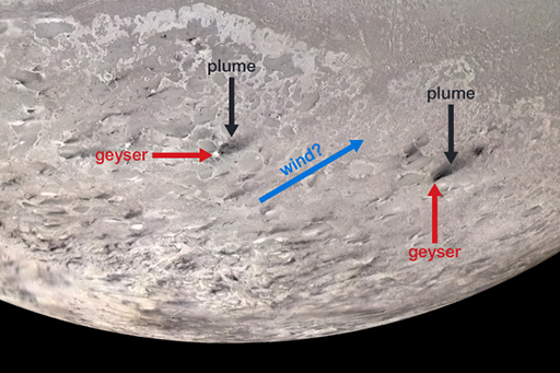 This is an image of Plumes and wind streaks on Triton’s south polar cap.