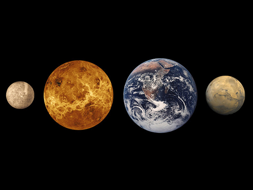 From left to right: Mercury, Venus, Earth and Mars to scale.