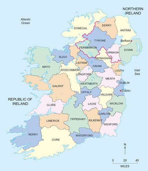 Figure 6 Map of Ireland depicting the partition of Ireland in 1921 between an independent Republic in the south and a British-controlled Northern Ireland