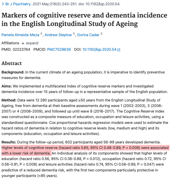 Título e resumo de Almeida-Meza e colaboradores, 2021, "Markers of cognitive reserve and dementia incidence in the English Longitudinal Study of Aging"