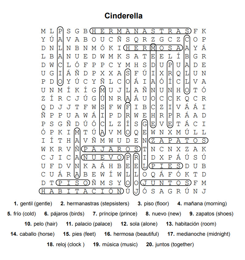 Example bilingual NeuroFluent word search puzzle game.