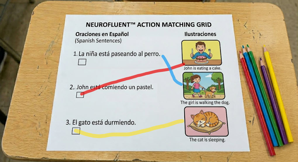 Illustrative worksheet matching Spanish sentences to images with English captions.