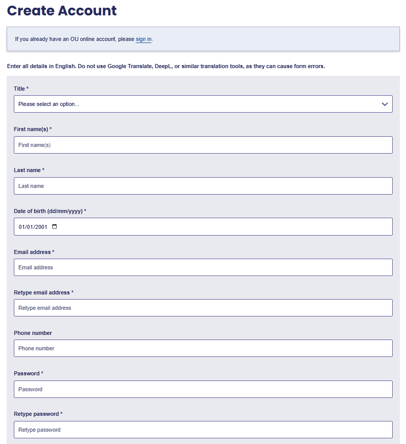First part of account form.
