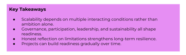 Key Takeaways:
- Scalability depends on multiple interacting conditions rather than ambition alone.
- Governance, participation, leadership, and sustainability all shape readiness.
- Honest reflection on limitations strengthens long-term resilience.
- Projects can build readiness gradually over time.