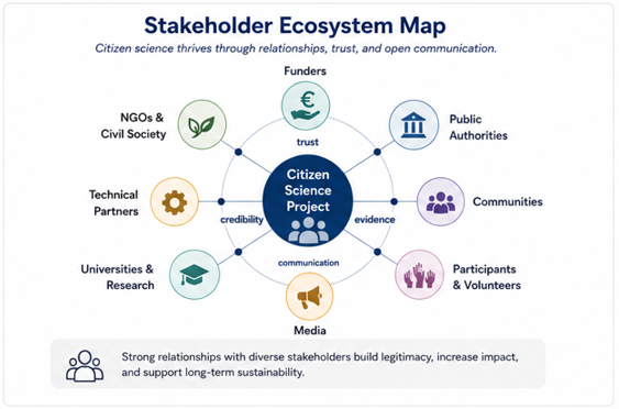 A sustainable citizen science project is linked to diverse stakeholders emphasising that trust, communication, credibility, and evidence connect these relationships.
