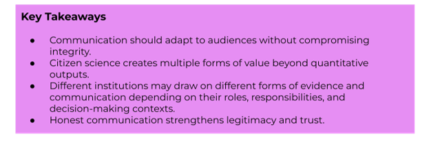 Key Takeaways:
- Communication should adapt to audiences without compromising integrity.
- Citizen science creates multiple forms of value beyond quantitative outputs.
- Different institutions may draw on different forms of evidence and communication depending on their roles, responsibilities, and decision-making contexts.
- Honest communication strengthens legitimacy and trust.