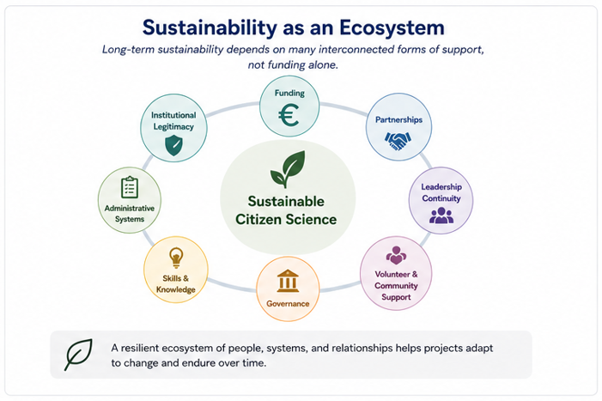 Interconnected elements show that long-term sustainability in citizen science depends on a balanced ecosystem of support rather than funding alone.