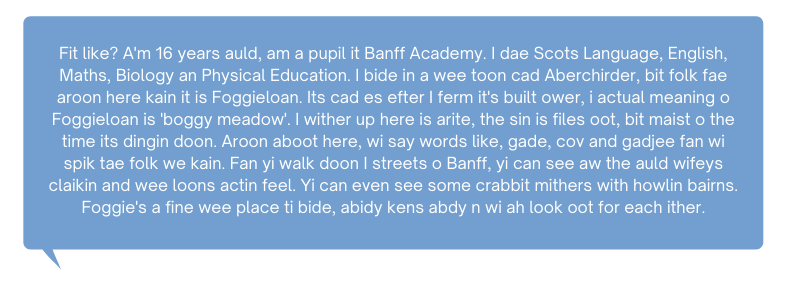 Speech bubble with description of home town in Scots