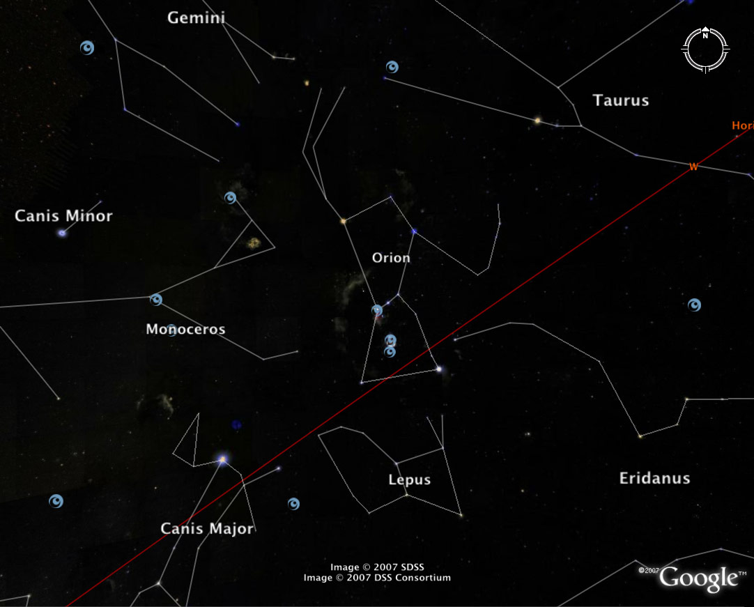 Image right: Screen snap from the Sky in Google Earth depicting boundaries around major constellations. Image credit: NASA, ESA, Digitized Sky Survey Consortium, and the STScI-Google Partnership. 