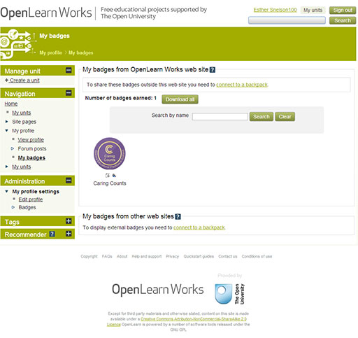 My badges page on OpenLearn Works