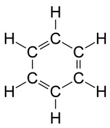 The benzene ring contains six carbon atoms, each depicted by the letter "C", and joined together by alternating single and double bonds. Single bonds are depicted by a single line, and double bonds by a double line. Each carbon atom is joined by a single bond to a hydrogen atom, depicted by the letter "H". There are six hydrogen atoms in total.