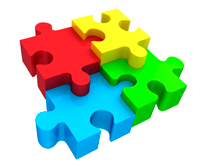 Red, yellow, blue and green jigsaw pieces