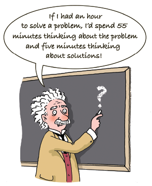 Cartoon of Einstein standing in front of a black board with a question mark written on it with speech bubble “If I had an hour to solve a problem, I’d spend 55 minutes thinking about the problem and five minutes thinking about solutions!”