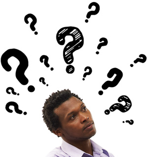 Photo of a man’s head with a fourteen cartoon question marks above him