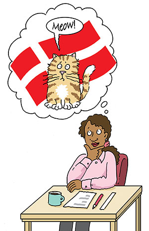 Cartoon of woman seated at desk with a thought bubble over her head containing a cat saying “Meow” with the Danish flag behind it