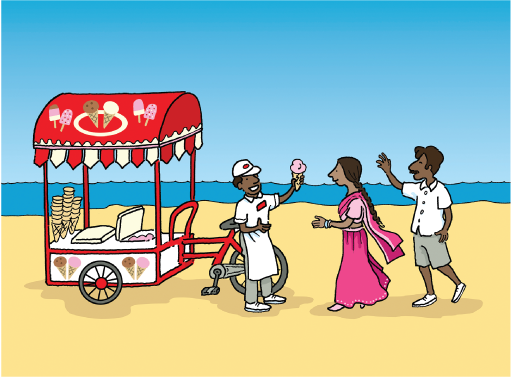 Cartoon of ice cream seller standing in front of his cart on a beach holding up an ice cream cornet and two people approaching him