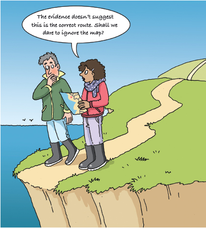 Cartoon of two people looking at a map at the end of a path on cliff edge with speech bubble “The evidence doesn’t suggest this is the correct route. Shall we dare to ignore the map?”