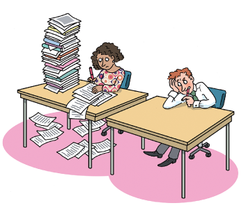 Cartoon of woman sitting writing at a table with a large pile of papers on it and a man sitting at an empty table next to her holding a pen to his mouth