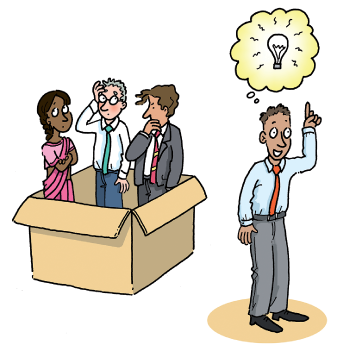 Cartoon of three people standing inside a large box looking puzzled with a man standing outside the box pointing upwards with a thought bubble containing a light bulb above his head