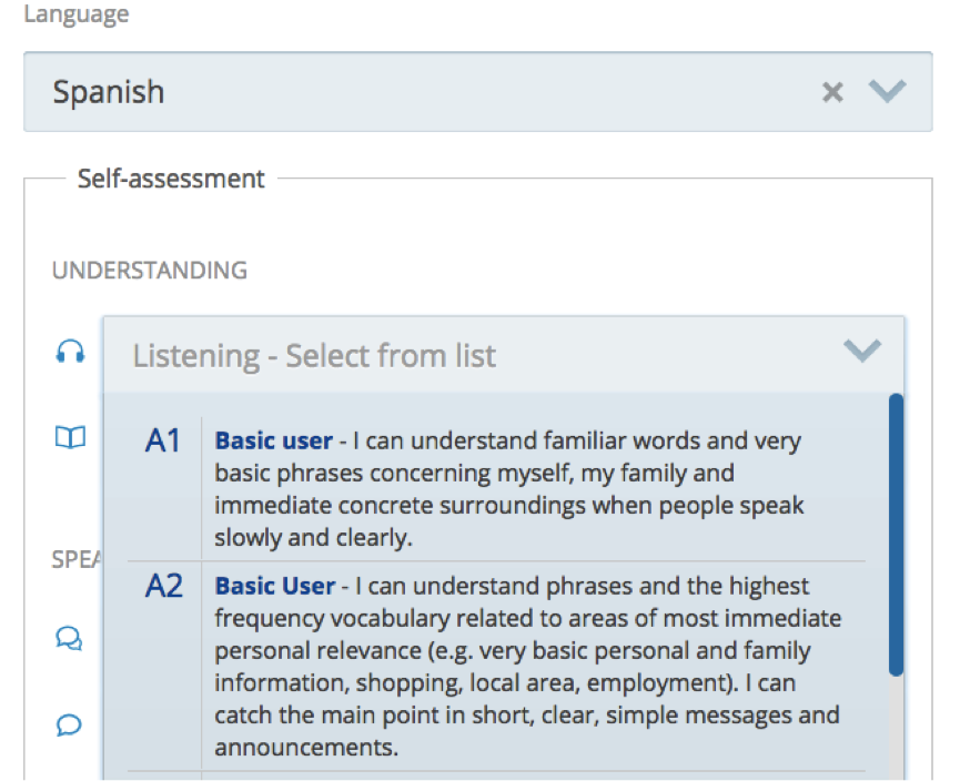 This is a screenshot of the europass CV editor showing the menu for self-assessing your language skills