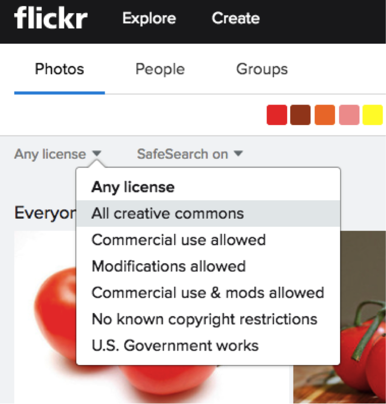 Screenshot of flickr showing menu to filter search by license