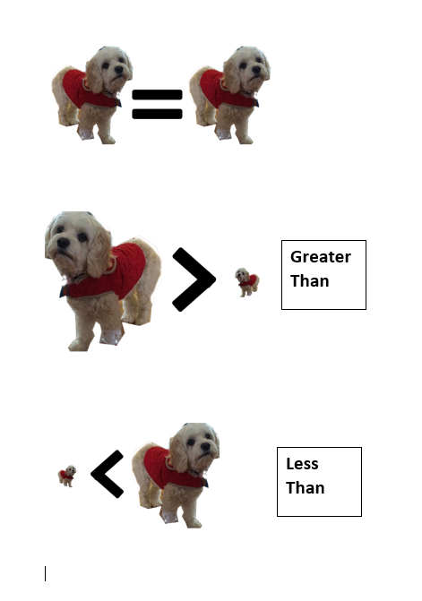 Big dog is greater than little dog;  middle size dog = middle size dog and little dog < big dog