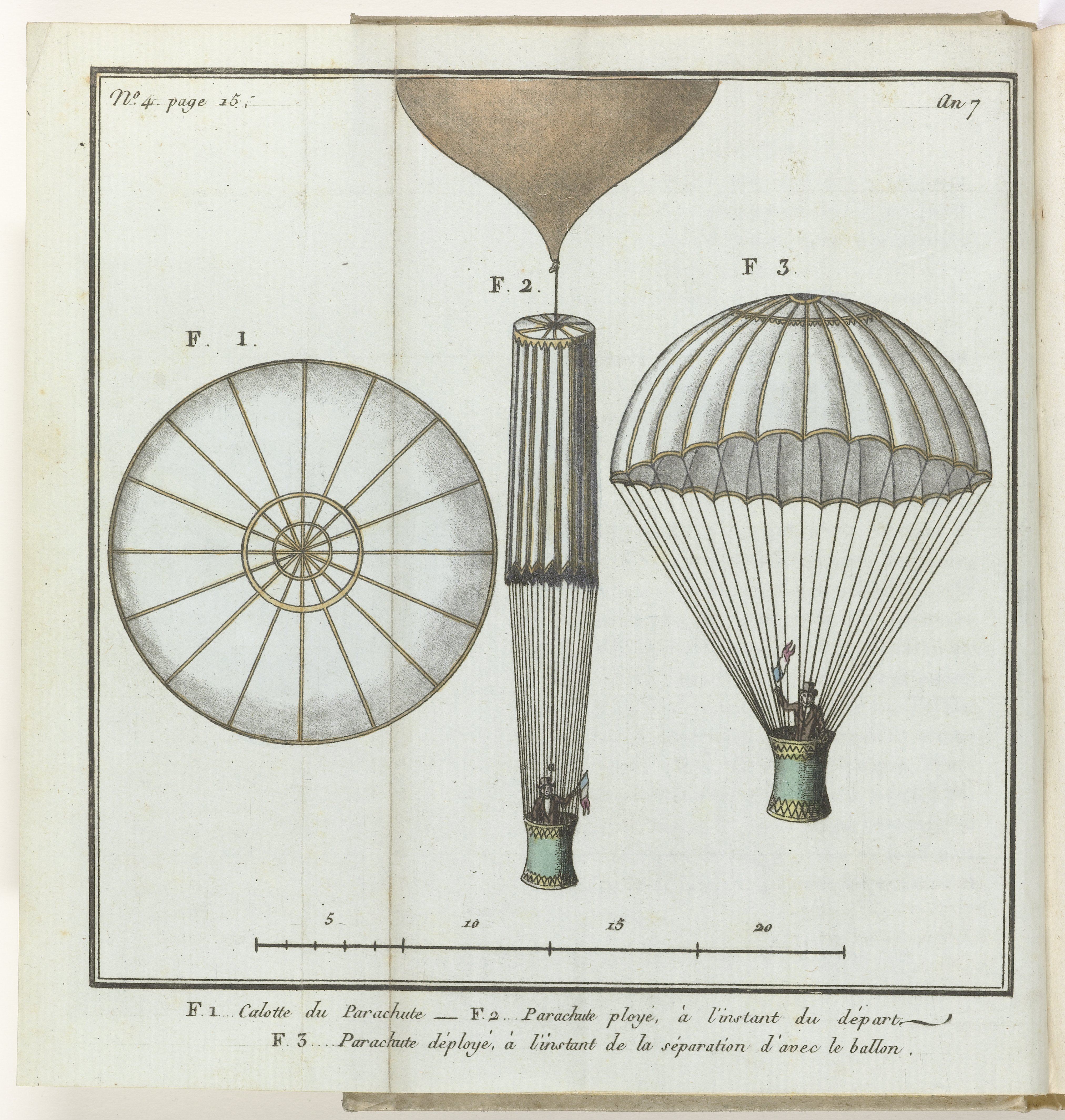 A sketch of a hot air ballone design - first in pieces, then deflated and then inflated with a man waving a French flag.