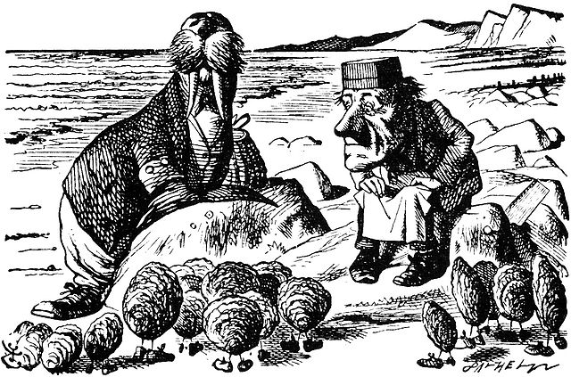 image of a walrus and a man talking with a group of oysters as part of a fictional story