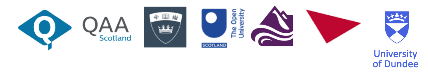 Logos of participating organisations. QAA Scotland logo, Queen Margaret University, Open University in Scotland, UHI, Edinburgh Napier and  University of Dundee