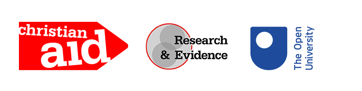 The combined logos of Chritian Aid, Research and Evidence, and The Open University
