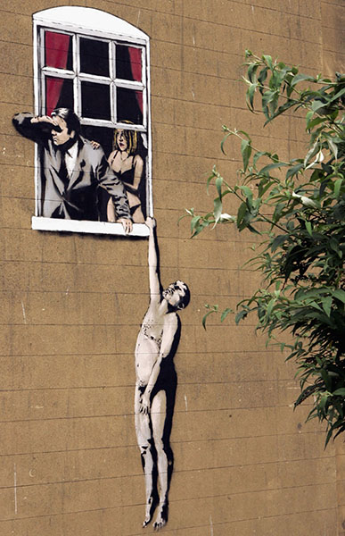 Naked Man Hanging From Window, 2006 - Banksy Explained