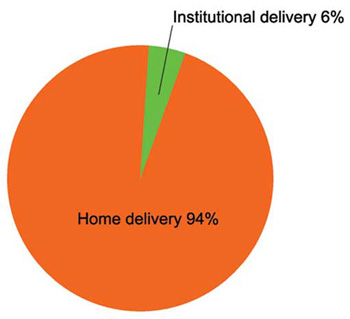 Pie chart showing that 94% of births were at home and 6% institutional in Ethiopia in 2005.