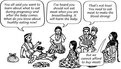 Women discussing healthy eating when breastfeeding at a health education event