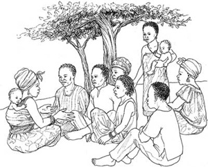 A Health Extension Practitioner facilitating a community gathering of men and women