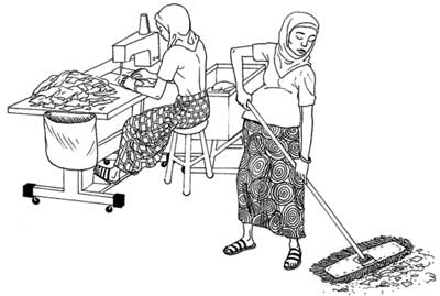 A heavily pregnant woman sweeping the floor