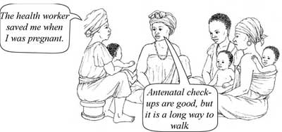 Women in a group discussion about antenatal check-ups