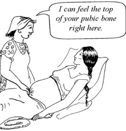 A health worker feeling the top of a mother’s pubic bone