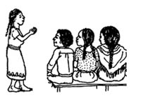 A health worker talking to a family about how to prepare for the birth. The Health worker is standing and the family members are seated on a bench.