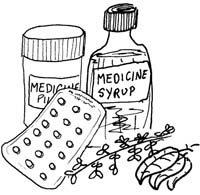 A packet of pills, a bottle of liquid medicine and a pill pot.